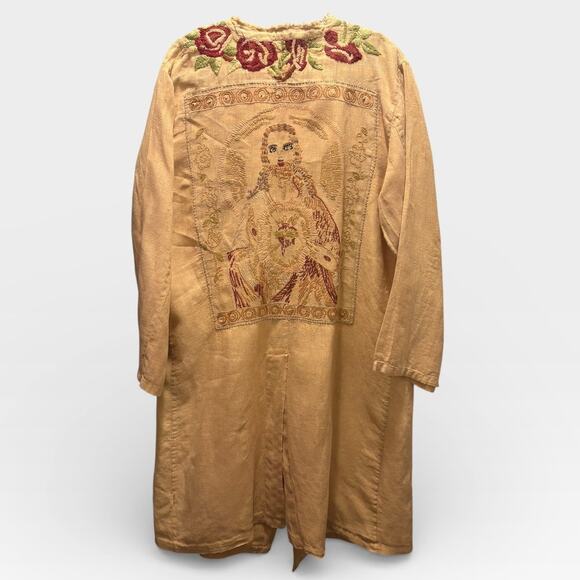 Magnolia Pearl Embroidered Linen Kimono Jesus Back Floral Duster Boho Whimsy - Picture 4 of 14
